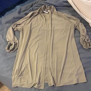 Susan Graver Liquid Knit Women's Open Front Cardigan in Tan/Taupe color